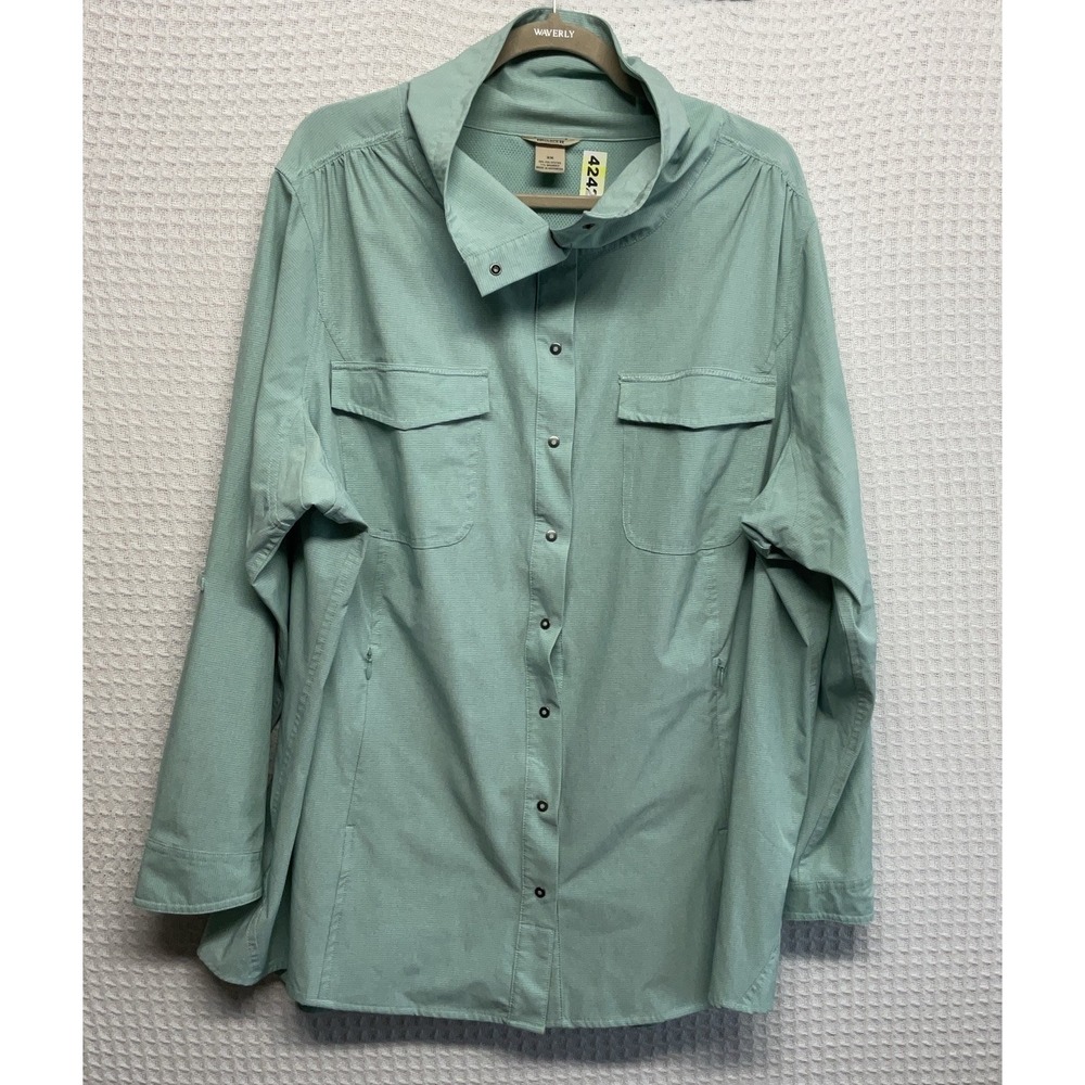 Duluth Trading Sol Survivor Sun Protection Shirt Size 2X Light Green Stripe Snap